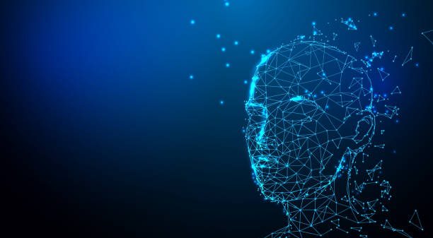 Realistic 3d man head polygonal skin. Abstract lines, triangles and particle style design. Illustration vector